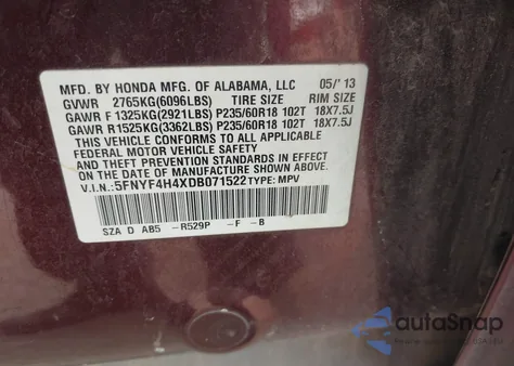 2013 Honda Pilot Ex z USA, uszkodzony, nr VIN 5FNYF4H4XDB071522